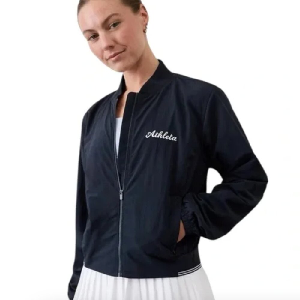 Athleta Crosscourt Bomber Jacket Embroidered Vented Breathable Lightweight sz L